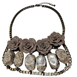 Carved Floral Stone Statement Bib Necklace Chunky Brown Multilayer Jewelry Women